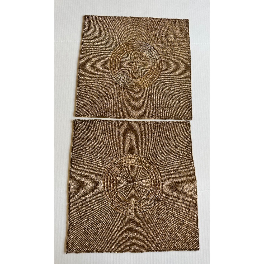 Pier 1 Imports Heavily Beaded Square 15 x 15 Placemats Champagne Gold Set Of 2 - Picture 1 of 3